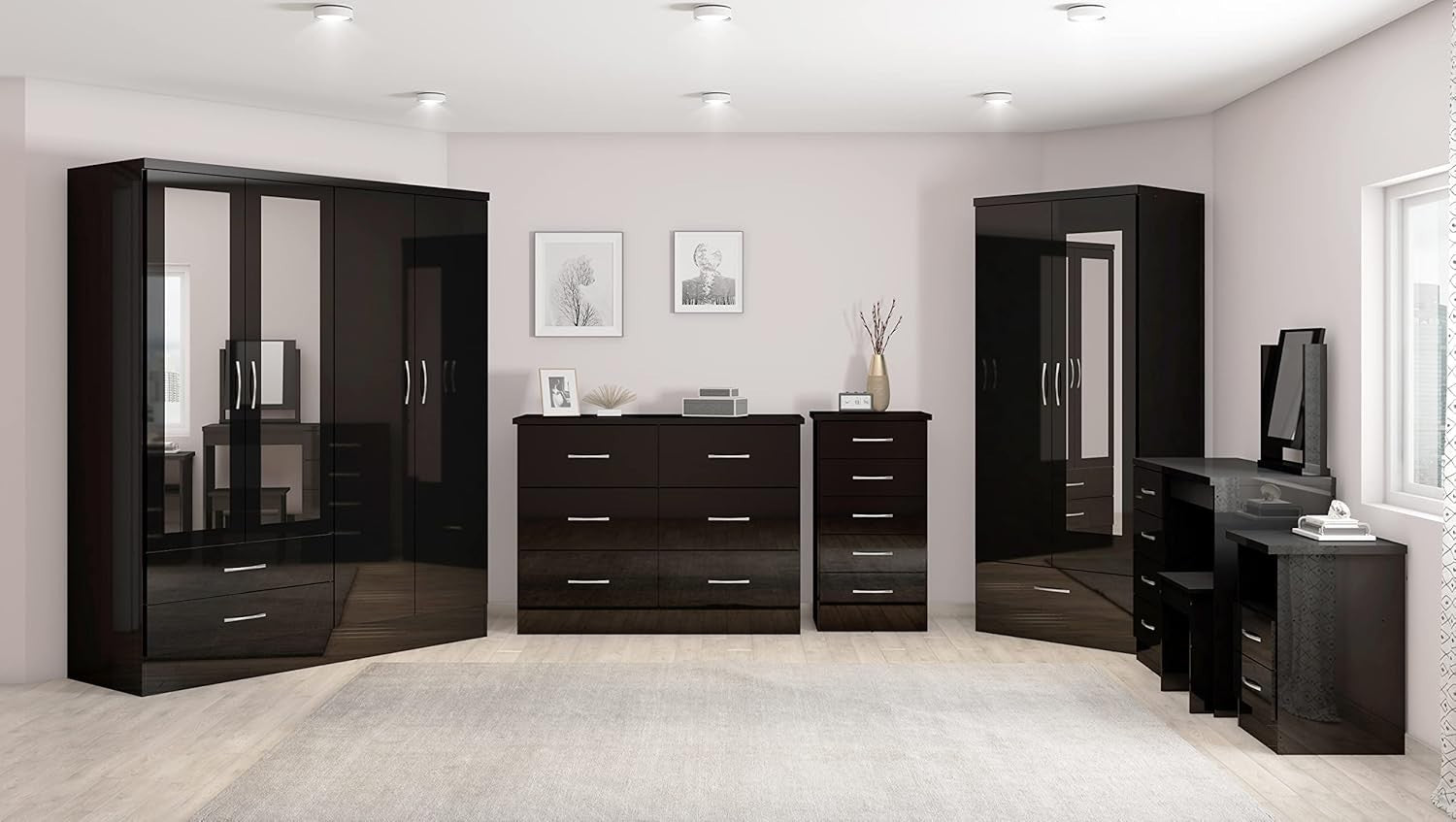 Black Gloss Wardrobe 4 Door 2 Drawer Mirrored Storage Cabinet Clothes Unit