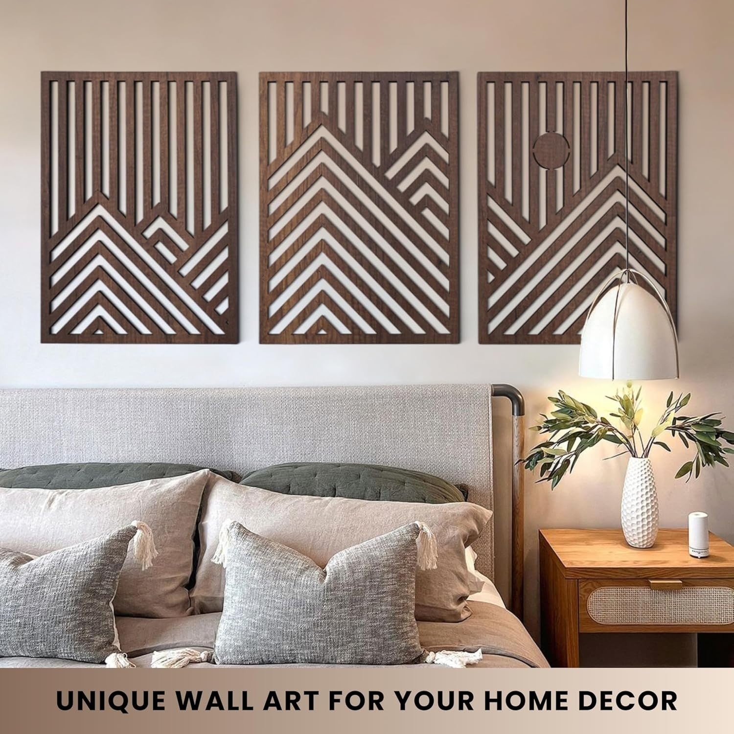 Modern Wooden Wall Art Set of 3 Large Mountain Sun Sculptures