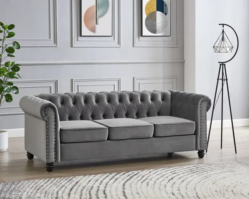 3 Seater Grey Chesterfield Sofa | Velvet Scroll Arms Stud Detail Sofa UK
