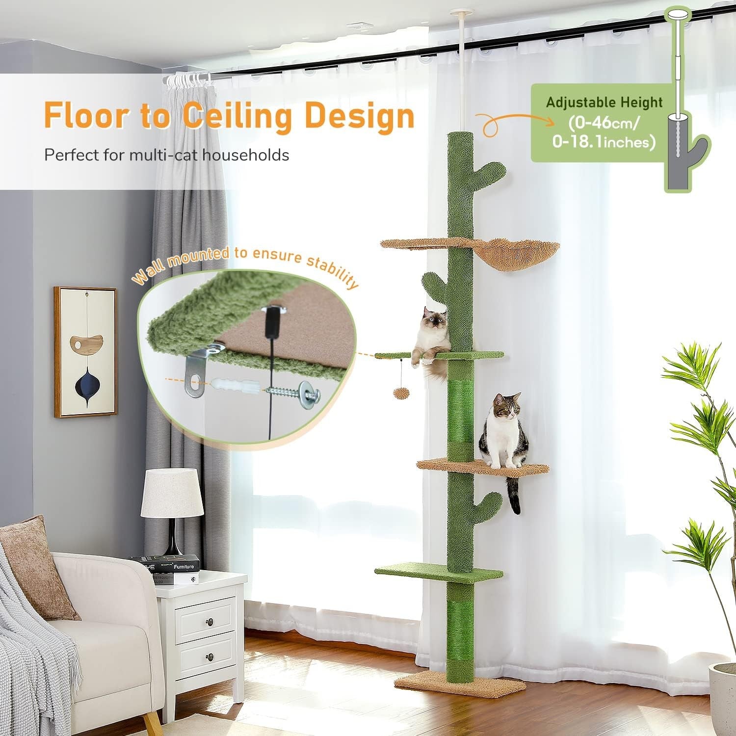 Floor to Ceiling Cat Tree Tower Adjustable 239–275cm Climbing Scratching Post