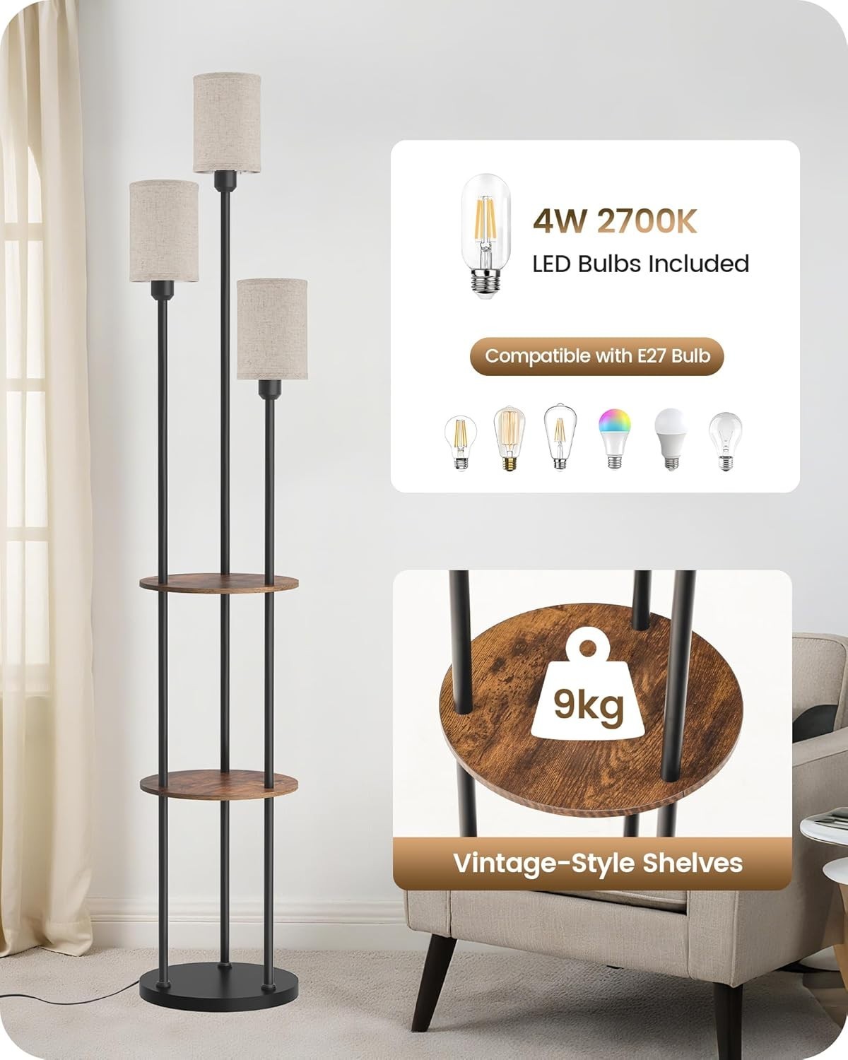 Industrial Floor Lamp with Shelves 3 Light Linen Shades Standing Lamp