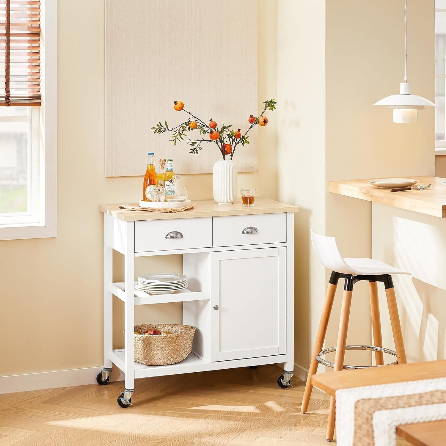 Kitchen Storage Trolley with Drawers & Adjustable Shelf White-Natural 87x48cm