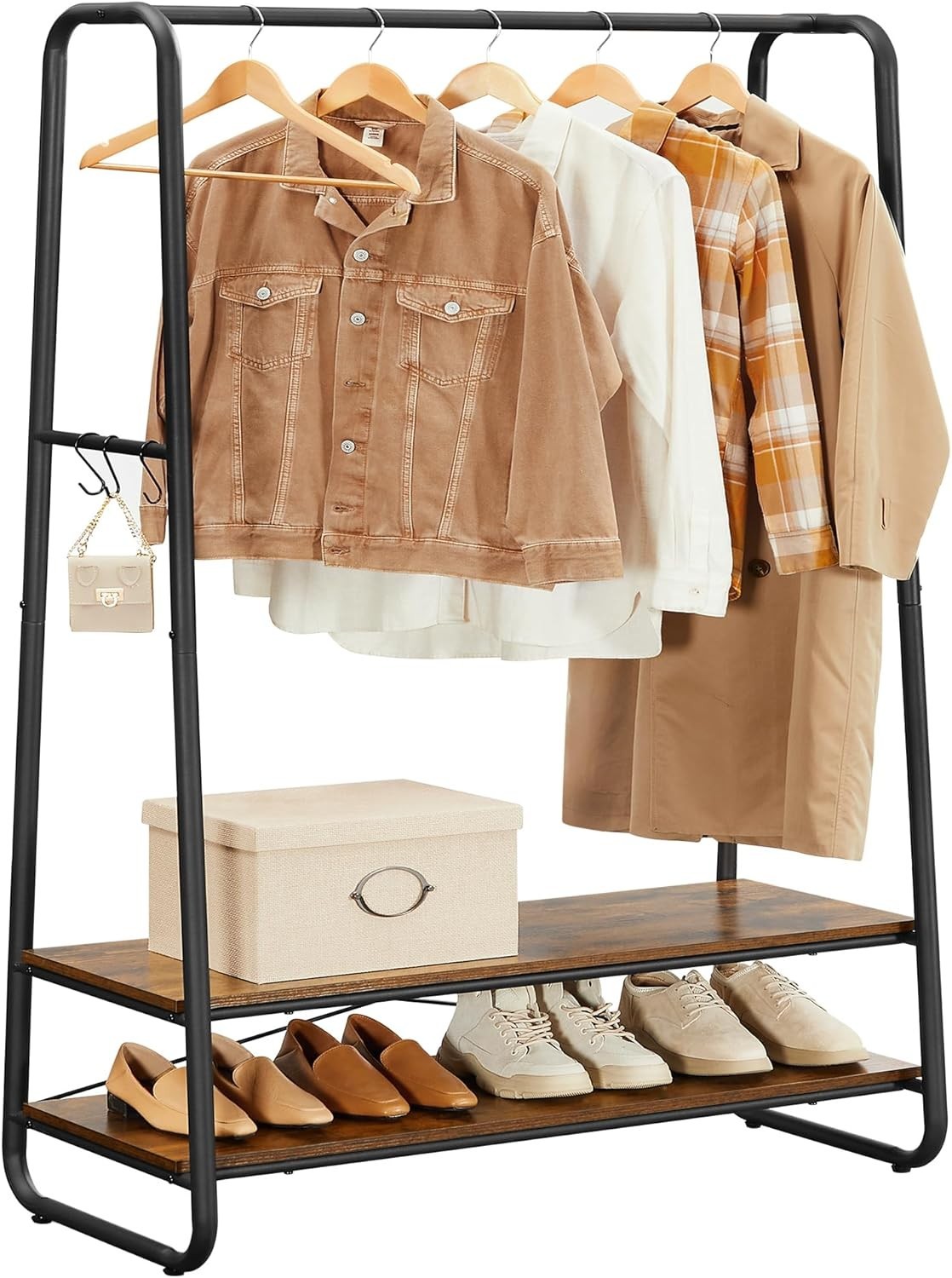 Heavy Duty Clothes Rail with Shelves & Hooks Rustic Brown Black