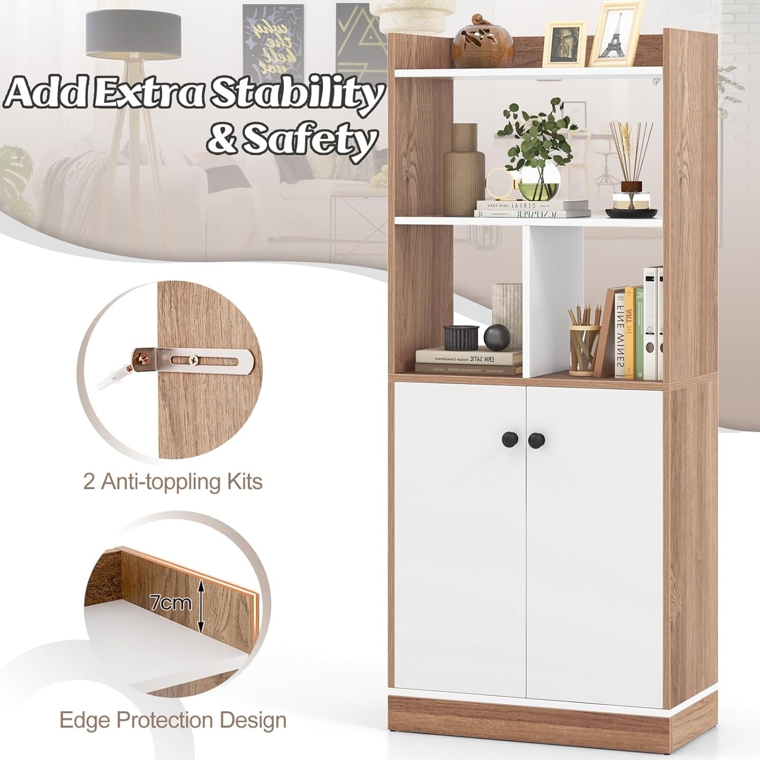 Wooden 4-Tier Bookcase with Cabinet, Freestanding Storage Shelf Unit 140cm Tall