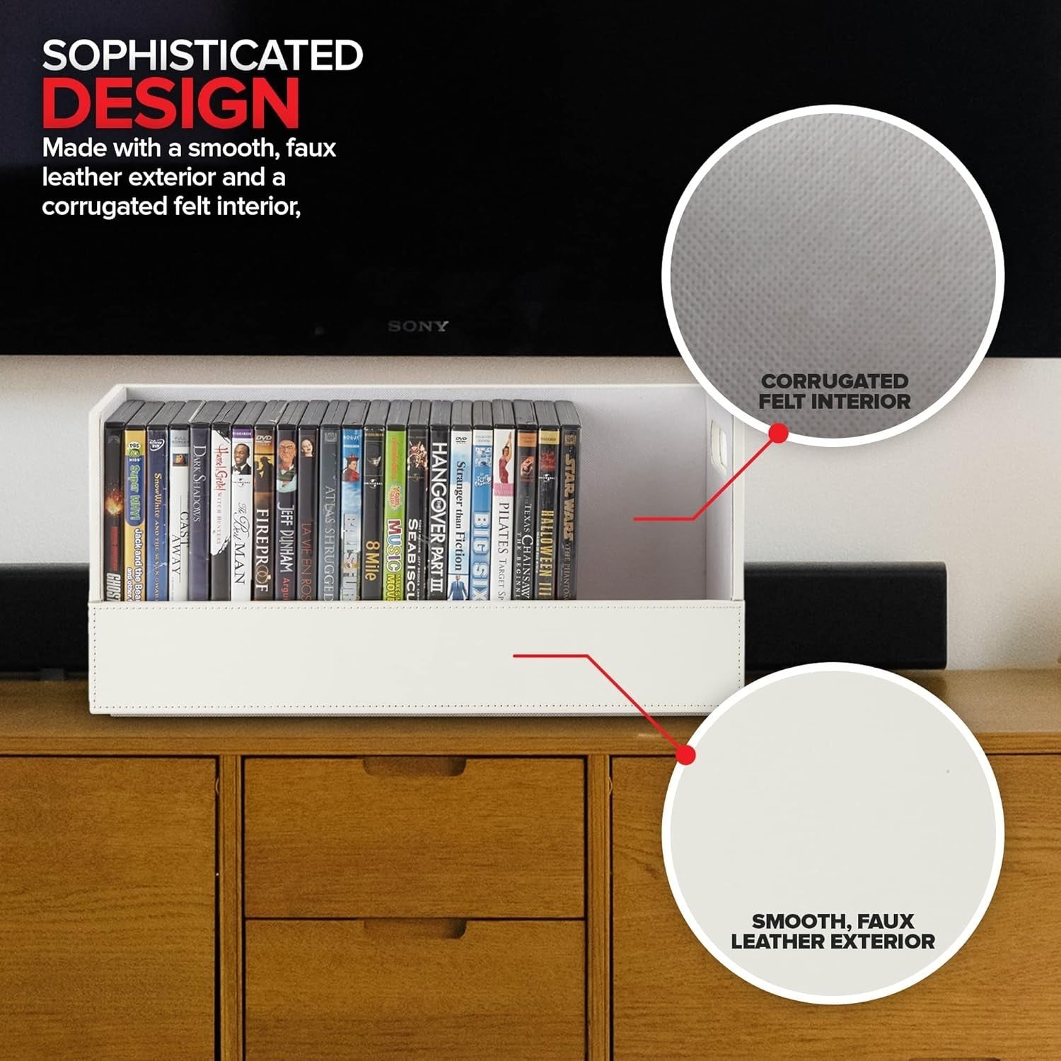 DVD Storage Box Organizer Holds 28 Cases Faux Leather White Shelf