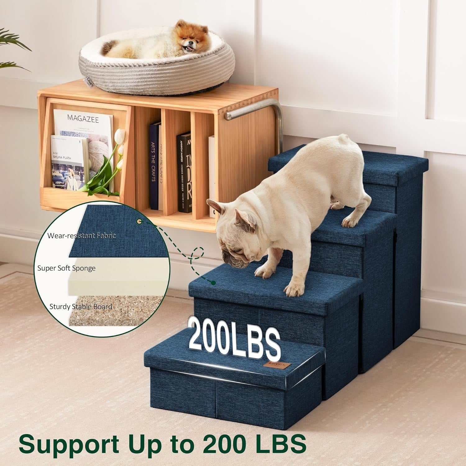 Dog Stairs 4 Step with Storage Foldable Pet Steps Navy Blue 200lb