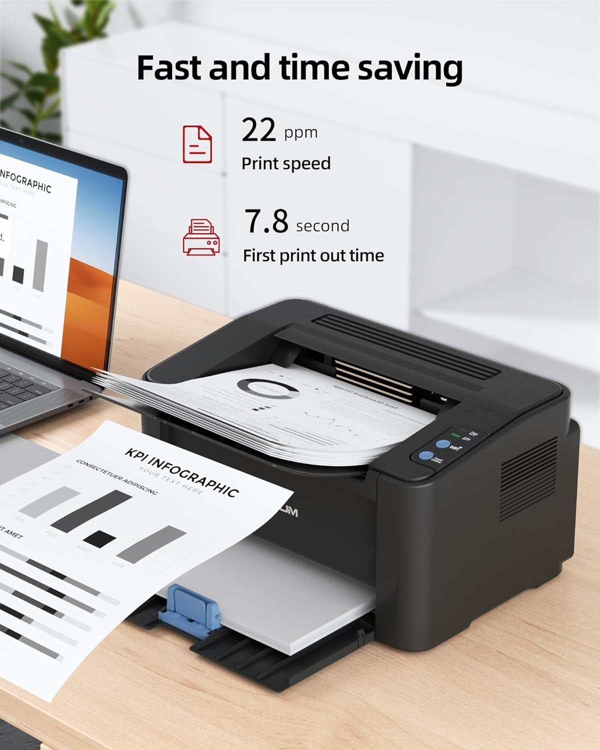 Black Mono Laser Printer A4 22ppm Wifi USB Home Office Compact