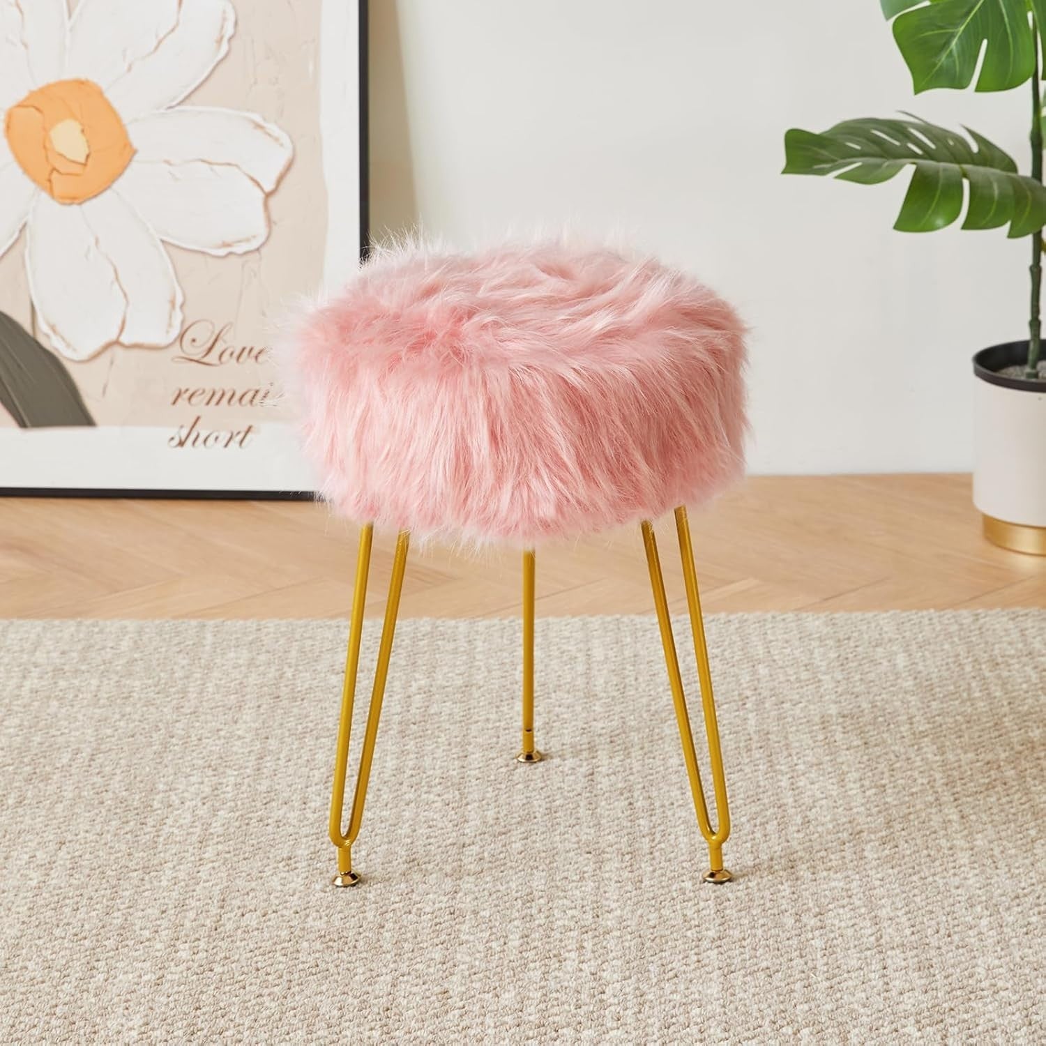 Pink Faux Fur Vanity Stool with Storage – Soft Round Makeup Chair