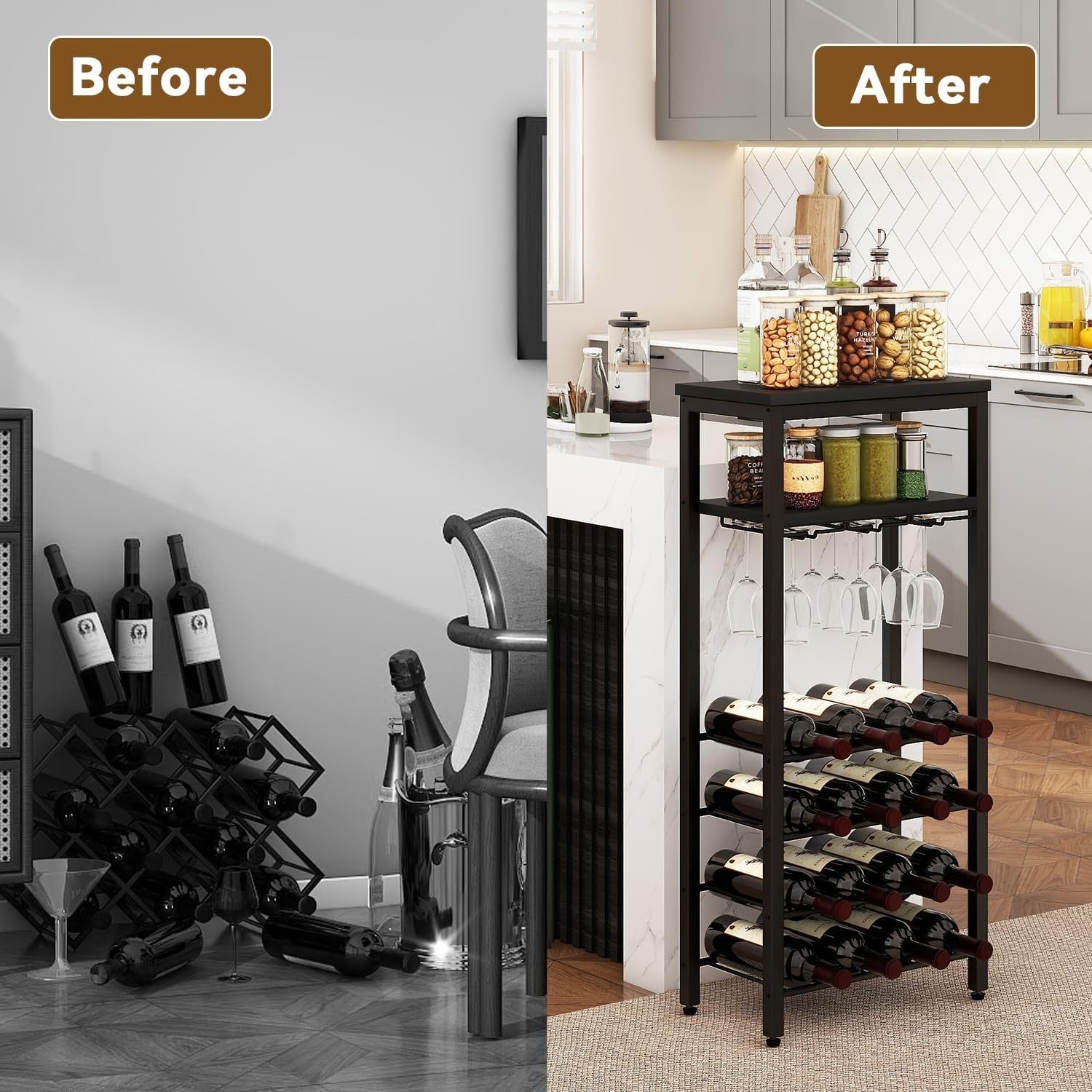 Freestanding Wine Rack 16 Bottle Storage with Hanging Glass Holder Black Shelf