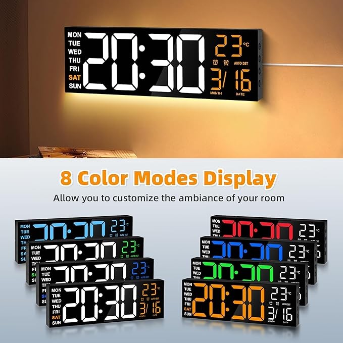 16" RGB Digital Wall Clock Large Display Auto-Dim Dual Alarms Temp Date Remote
