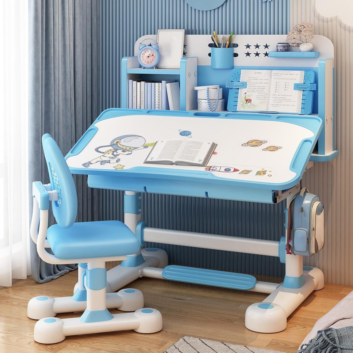 Adjustable Kids Desk & Chair Set w/ Tilting Top, Drawer & Posture Support
