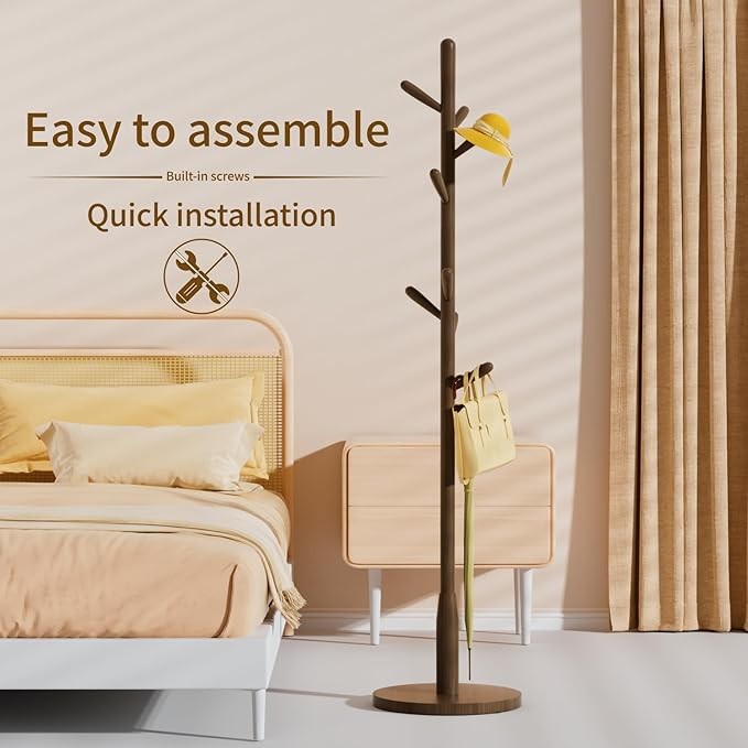 Dark Walnut Wood Coat Rack 8 Hooks Round Base Freestanding Hall Tree