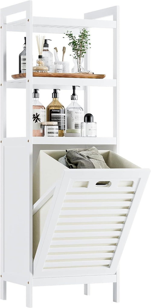 White Tilt Out Laundry Hamper Cabinet Bamboo Shelves 32L Basket Organizer