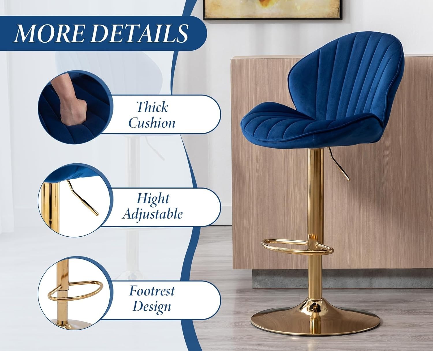 Blue Velvet Swivel Bar Stools Set of 2 Adjustable Kitchen Counter Chairs