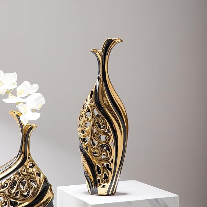 Tall Black Gold Floor Vase 50cm Modern Pampas Grass Luxury Decor
