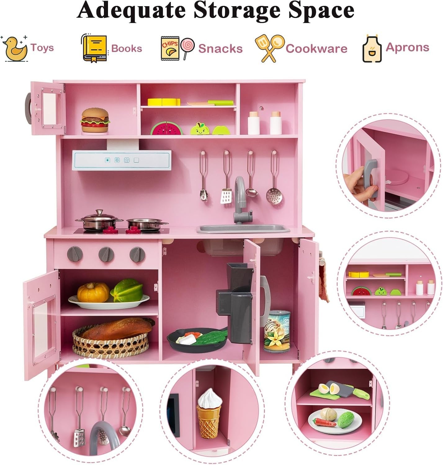 Wooden Kids Play Kitchen Pink Ice Maker Sound Cooking Toy Set