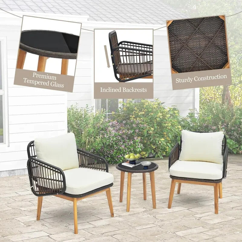 Rattan 3-Piece Bistro Set – Cushioned Armchairs & Glass Coffee Table Patio