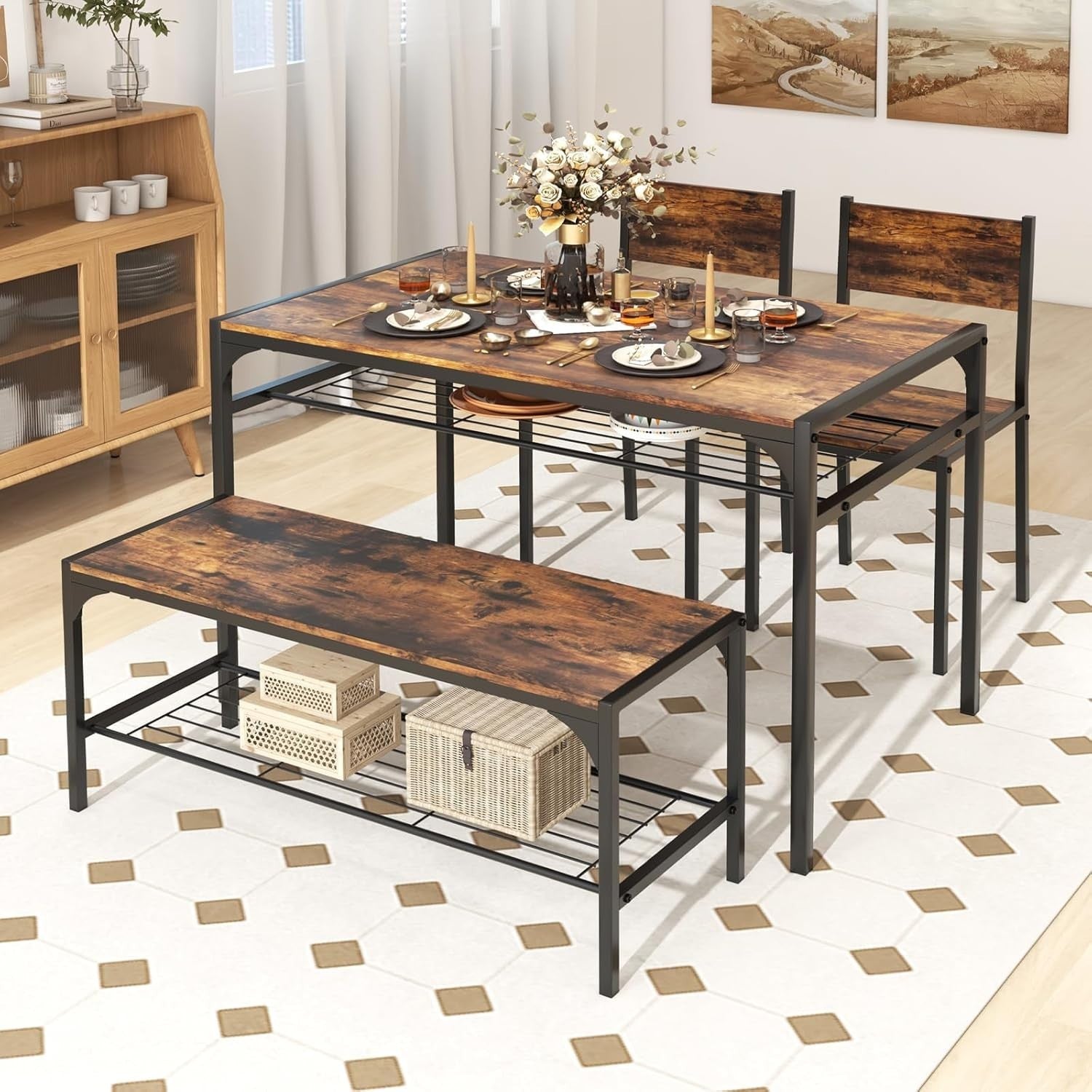 Dining Table Set with 2 Chairs & Storage Bench Rustic Brown for Small Space