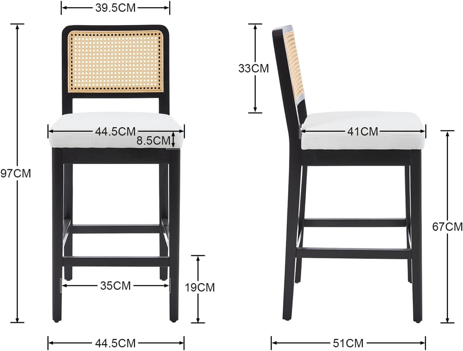 Rattan Bar Stools Set of 2 Linen Cushioned Counter Chairs Wooden Frame