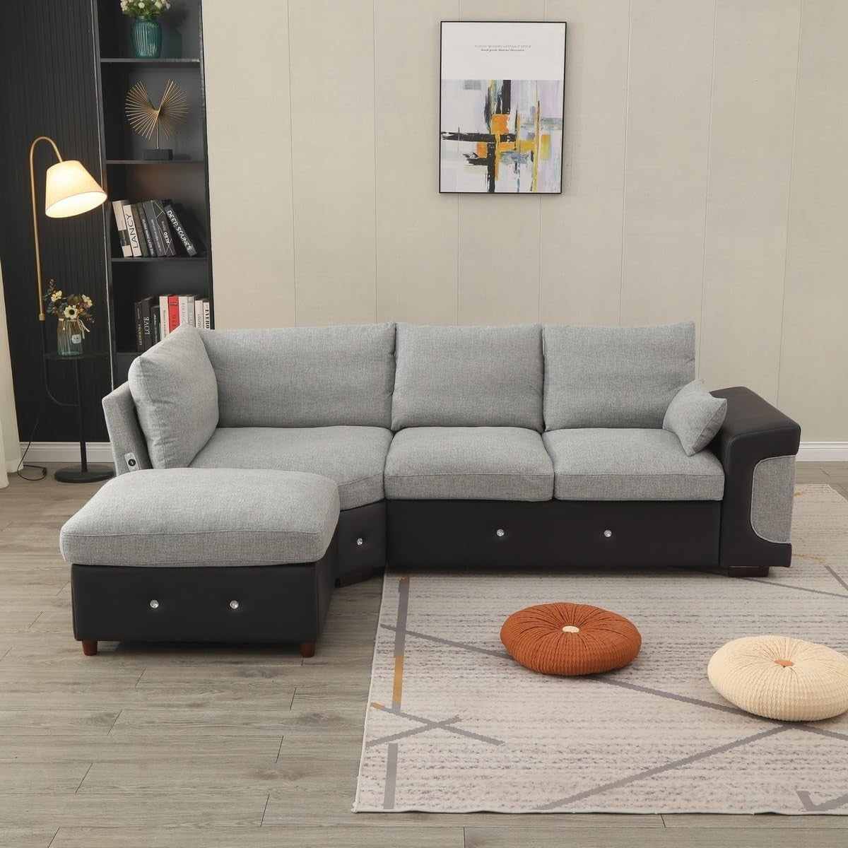 L-Shape 4 Seater Corner Sofa with USB Port Chaise – Linen & Faux Leather