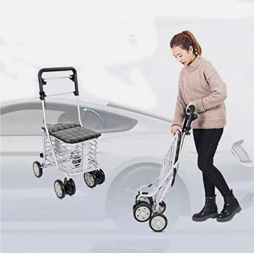 6-Wheel Foldable Sit & Go Shopping Trolley with Seat & Adjustable Handle