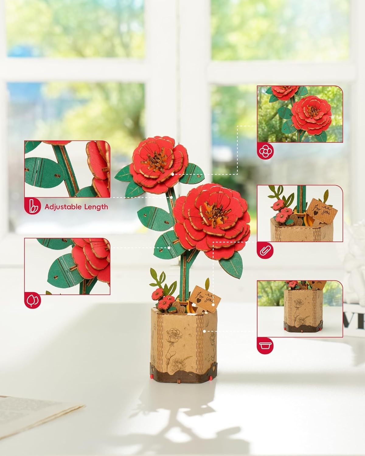 3D Wooden Flower Puzzle Kit Red Camellia – DIY Gift & Home Decor Craft
