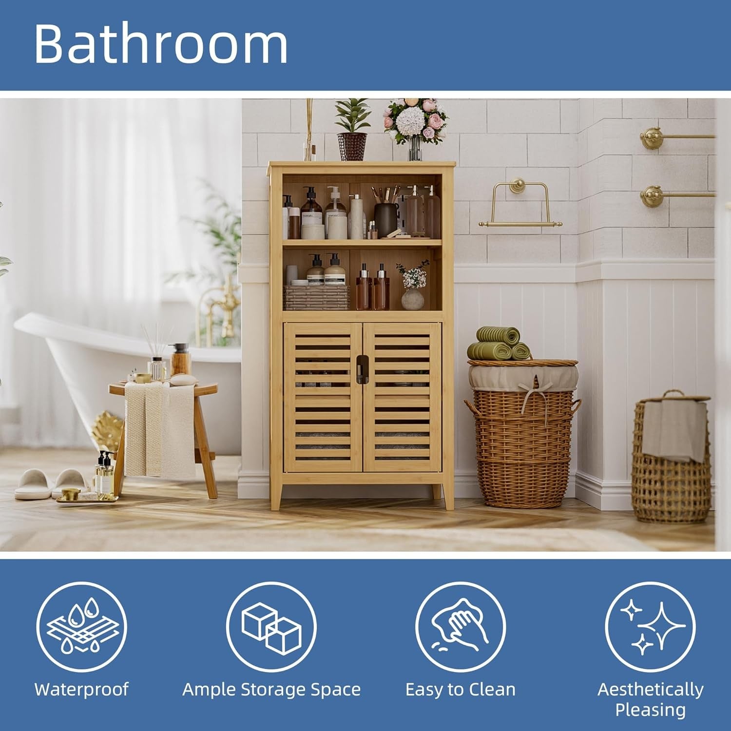 Natural Bamboo Floor Cabinet with Shutter Doors Adjustable Shelves