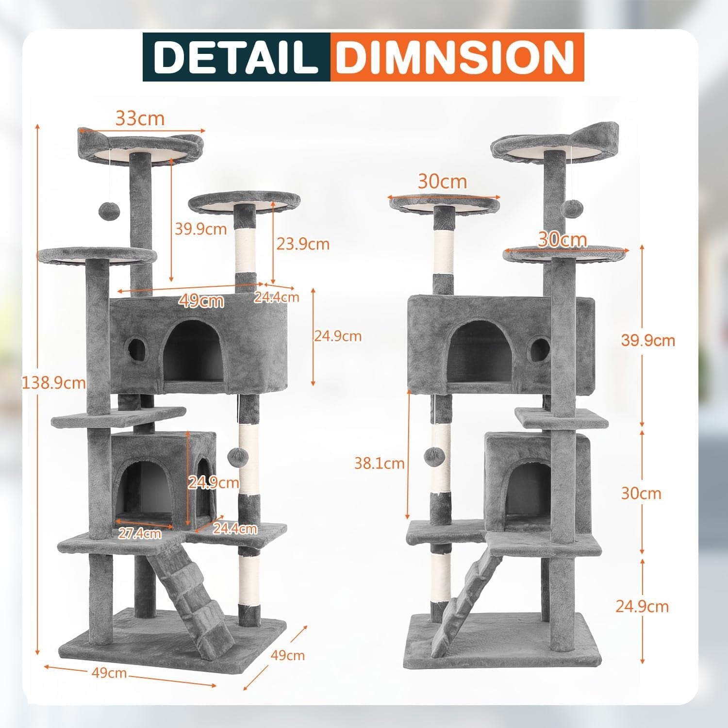Light Grey Cat Tree Tower 139cm Multi Level with Condo Scratching Posts