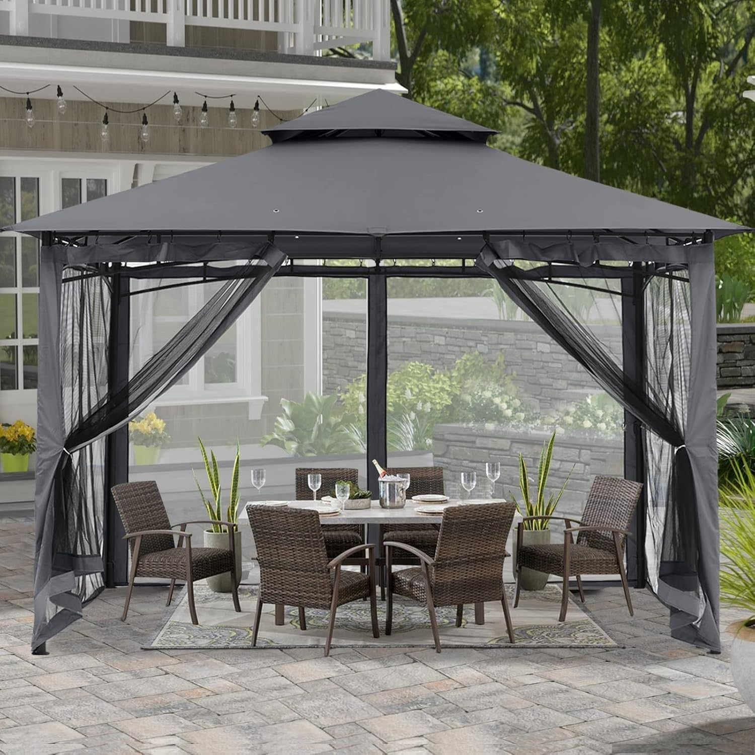 3x3M Grey Outdoor Gazebo With Netting Double Roof Waterproof Garden Patio Tent