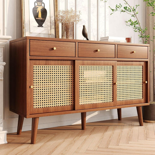 Modern Rattan Sideboard Cabinet 3 Drawers 2 Doors Walnut Storage Unit