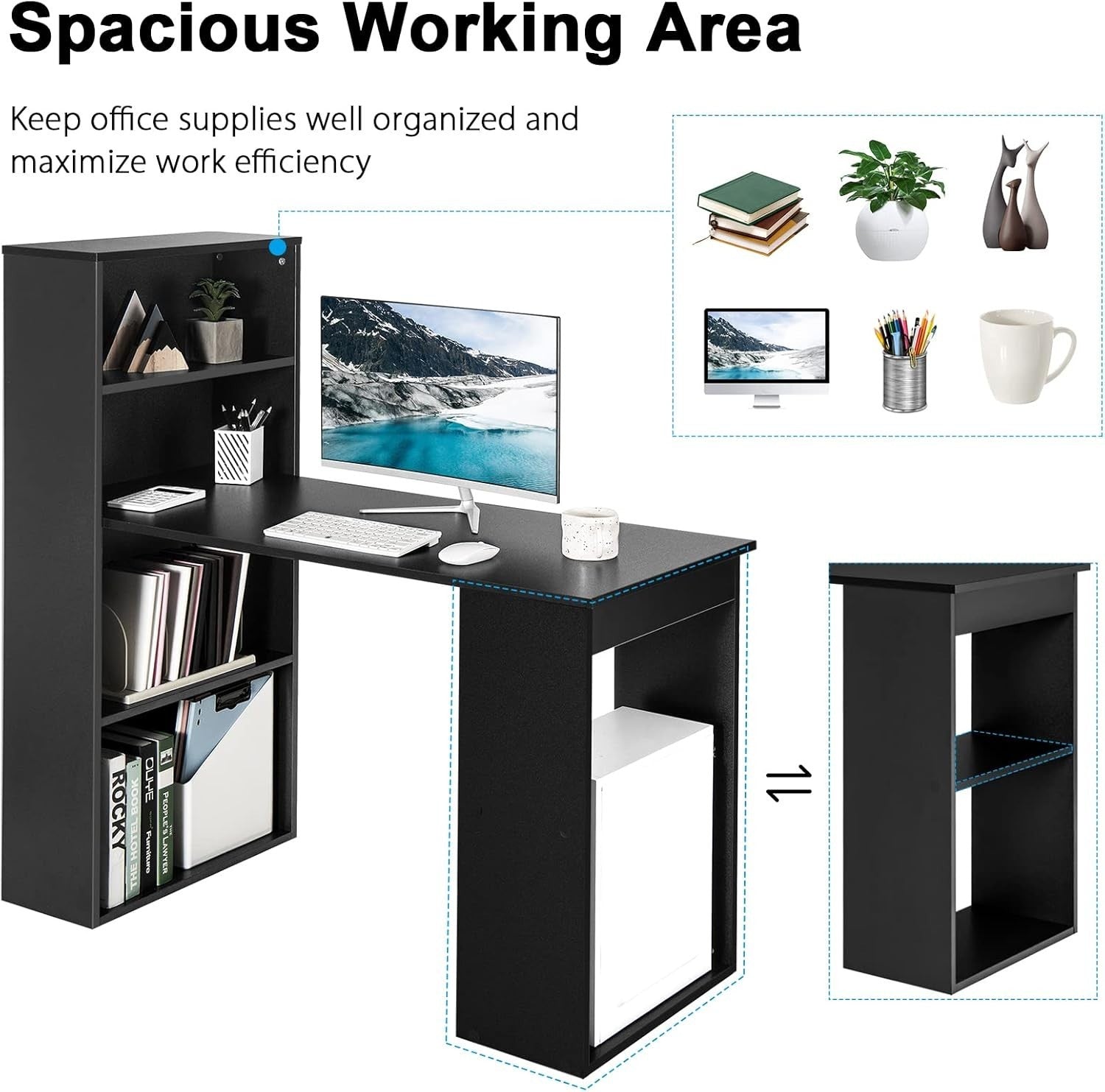 Modern Black Computer Desk with 6-Tier Shelves & Spacious Workstation