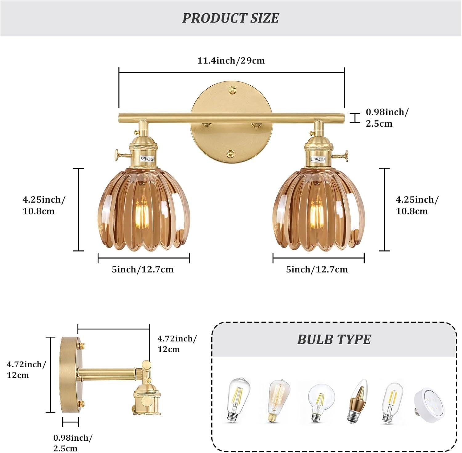 2-Light Amber Glass Wall Sconce Vanity Light Vintage Brass Fixture