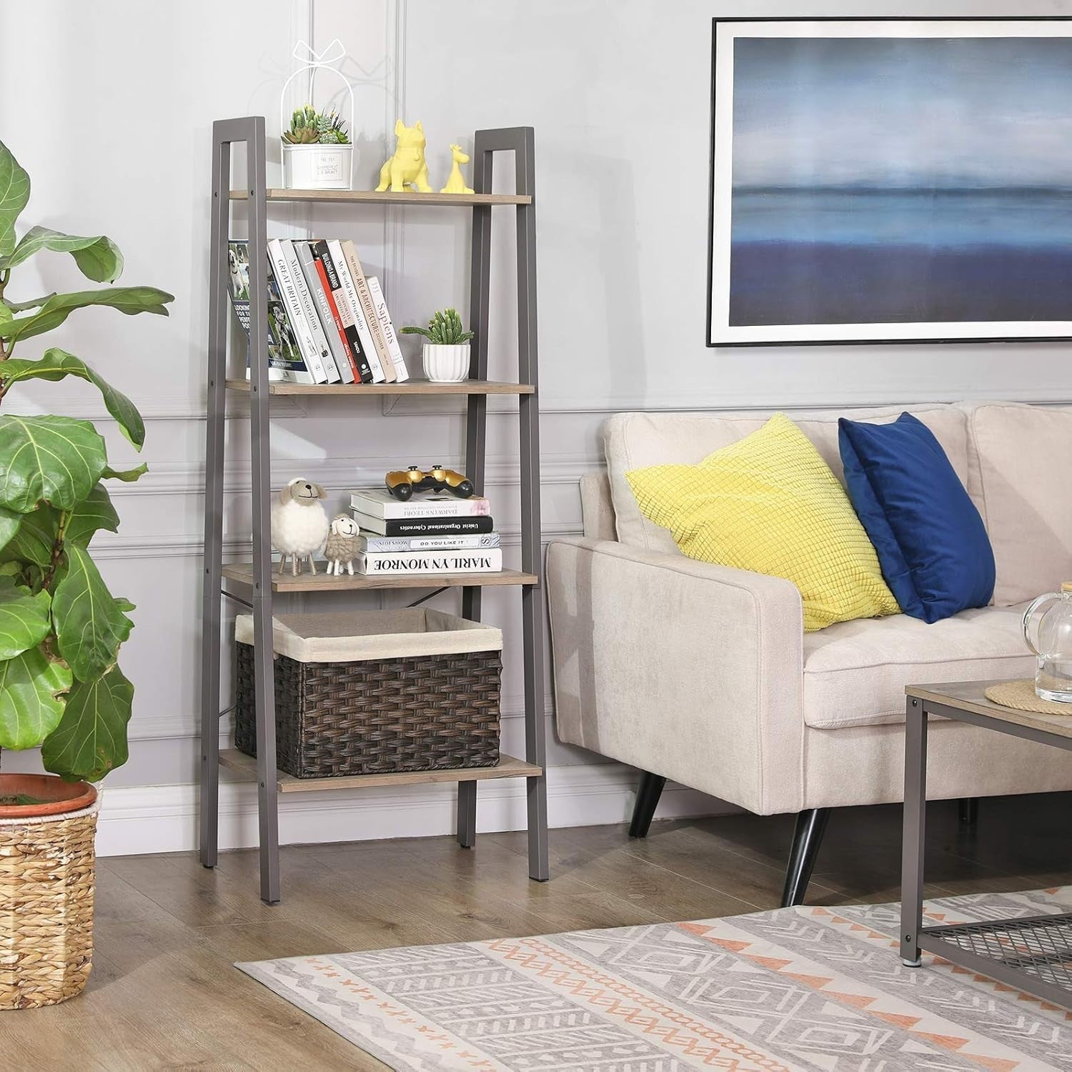 4-Tier Industrial Ladder Shelf Freestanding Storage Unit Greige Grey Metal