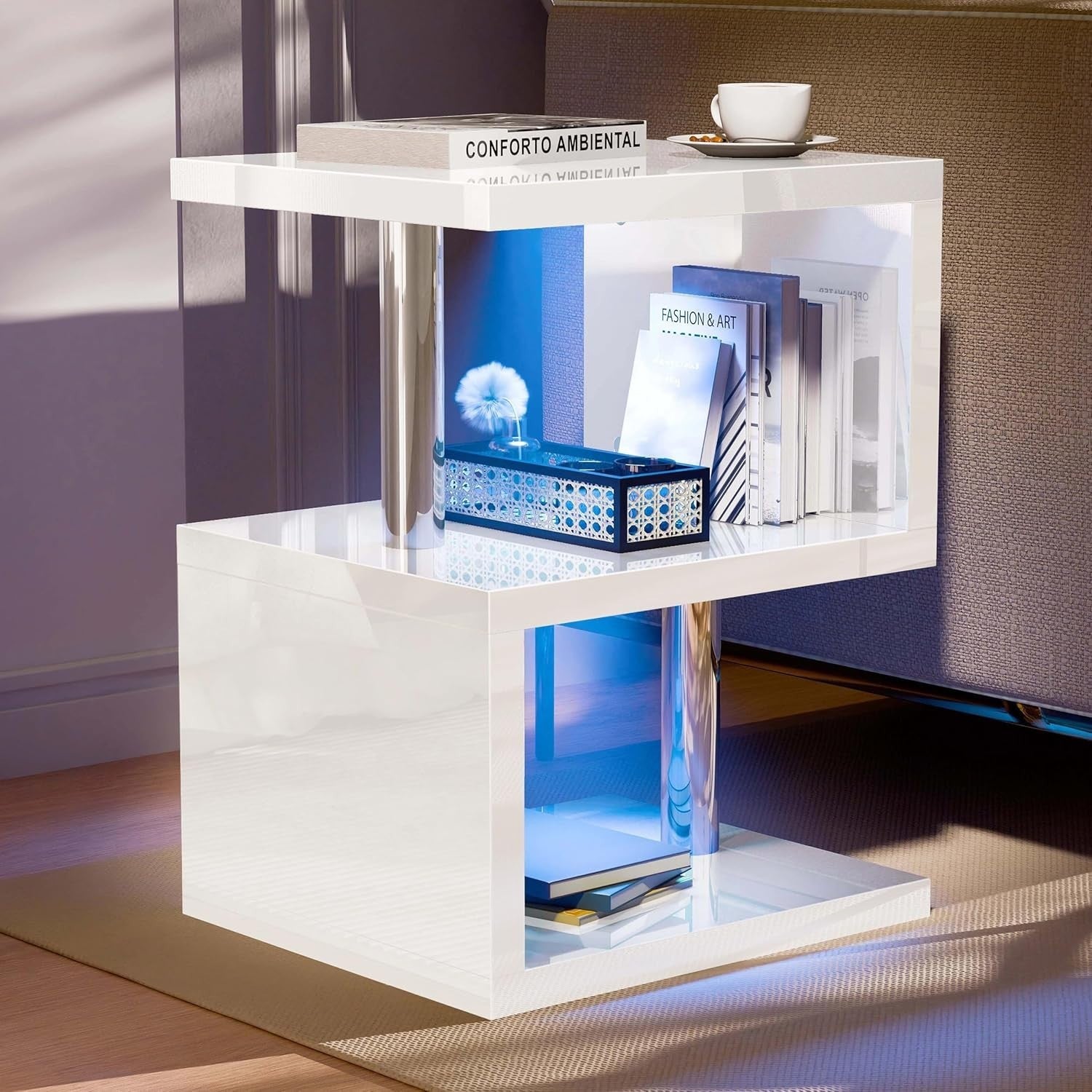 Modern S-Shaped LED Side Table with RGB Lighting & Storage Shelves 44x38x57cm