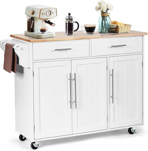 Kitchen Island Trolley on Wheels Storage Cabinet Drawers Knife Rack White