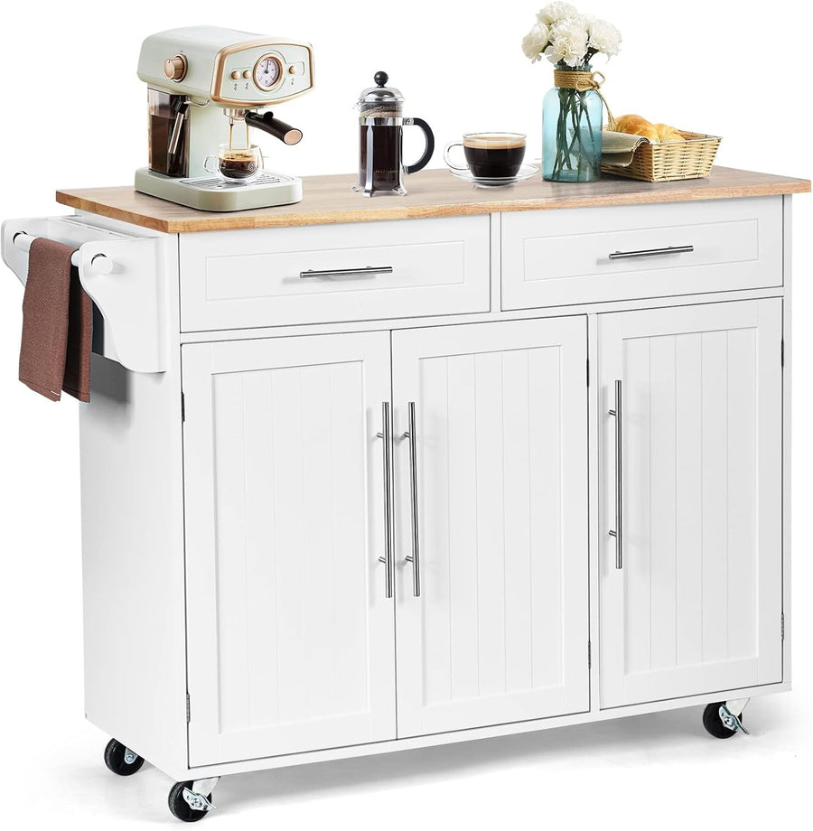 Kitchen Island Trolley on Wheels Storage Cabinet Drawers Knife Rack White