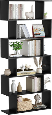6-Tier S-Shaped Bookshelf Black | Tall Modern Display Shelf Unit for Home Office