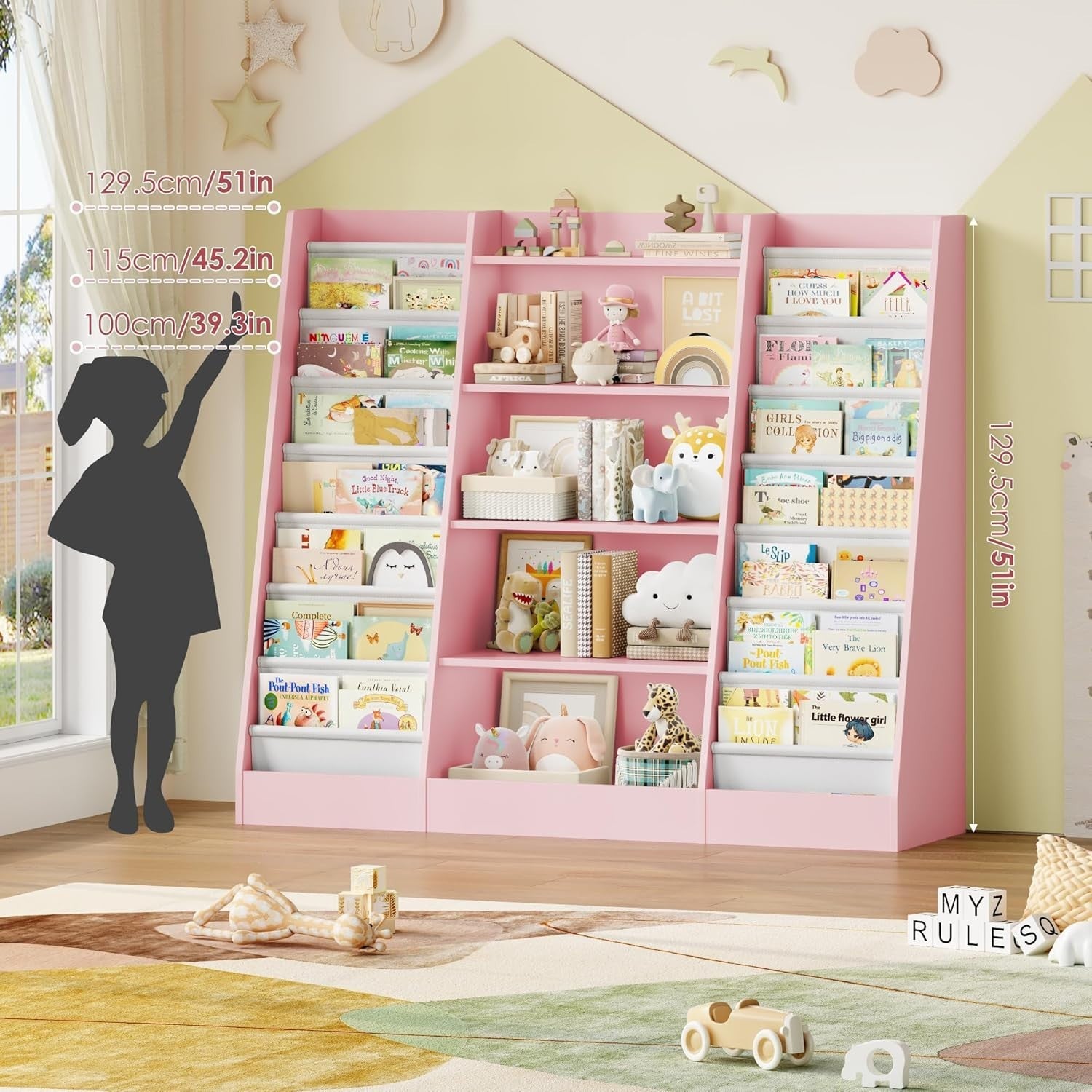 Kids Bookshelf Toy Storage Organizer with 14 Fabric Shelves & 5 Open Racks