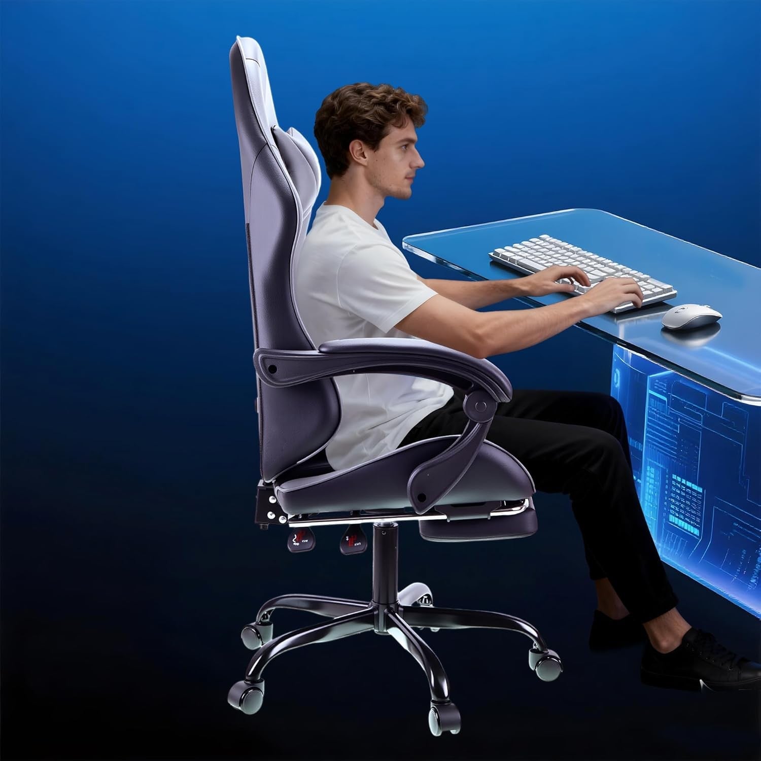 Ergonomic Gaming Chair with Footrest & Lumbar Support – Grey PC Seat