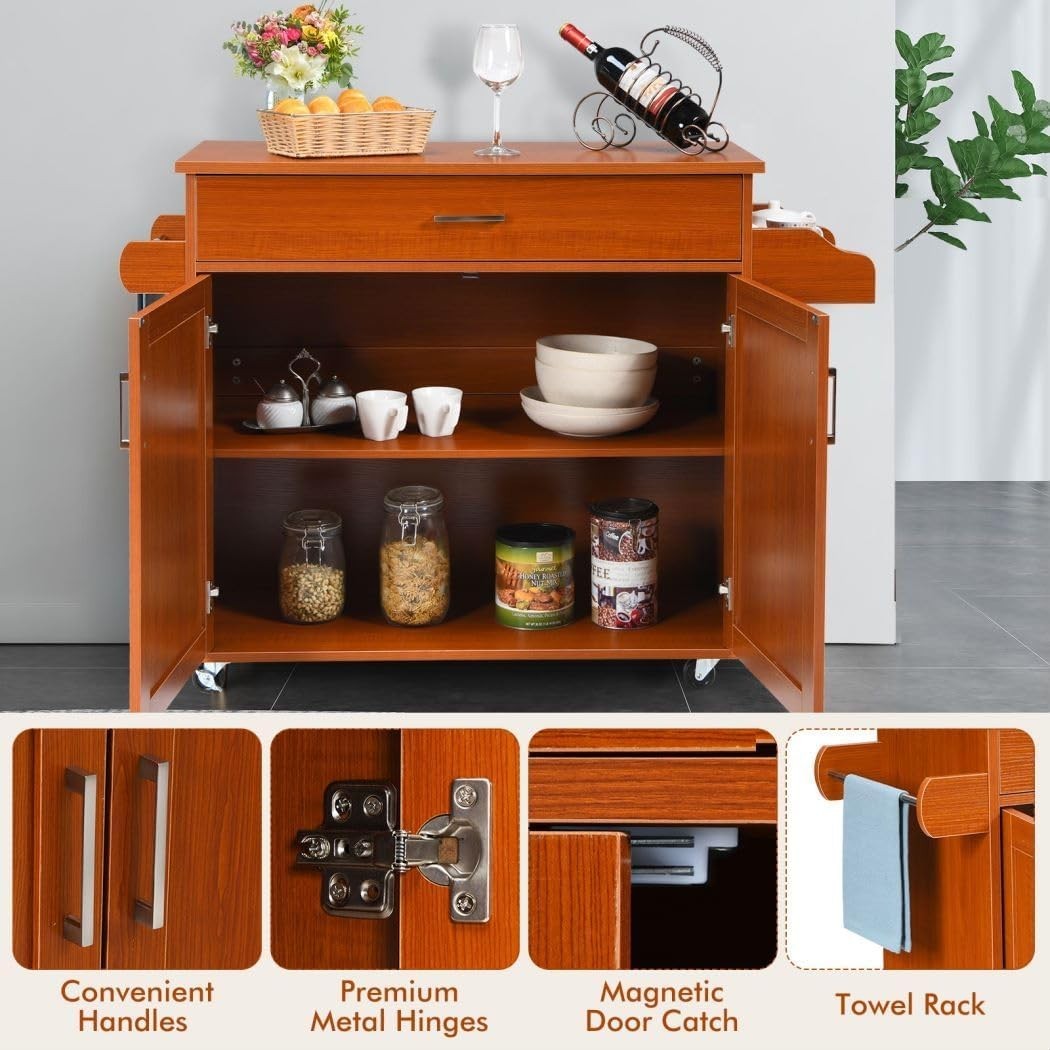 116cm Rolling Kitchen Cabinet Cart Drawer Brown
