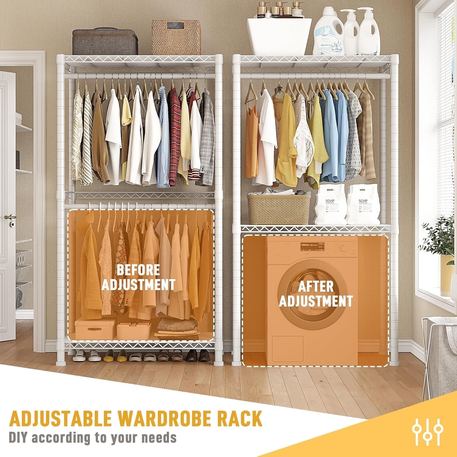 Heavy Duty Clothes Rail with Wheels & Shelves – White 200cm