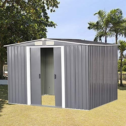 Lockable 10x8ft Metal Garden Shed Tool Storage Grey Outdoor
