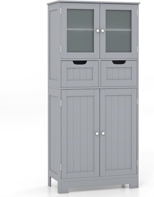 Grey Freestanding Storage Cabinet with Glass Doors & Drawers Shelves