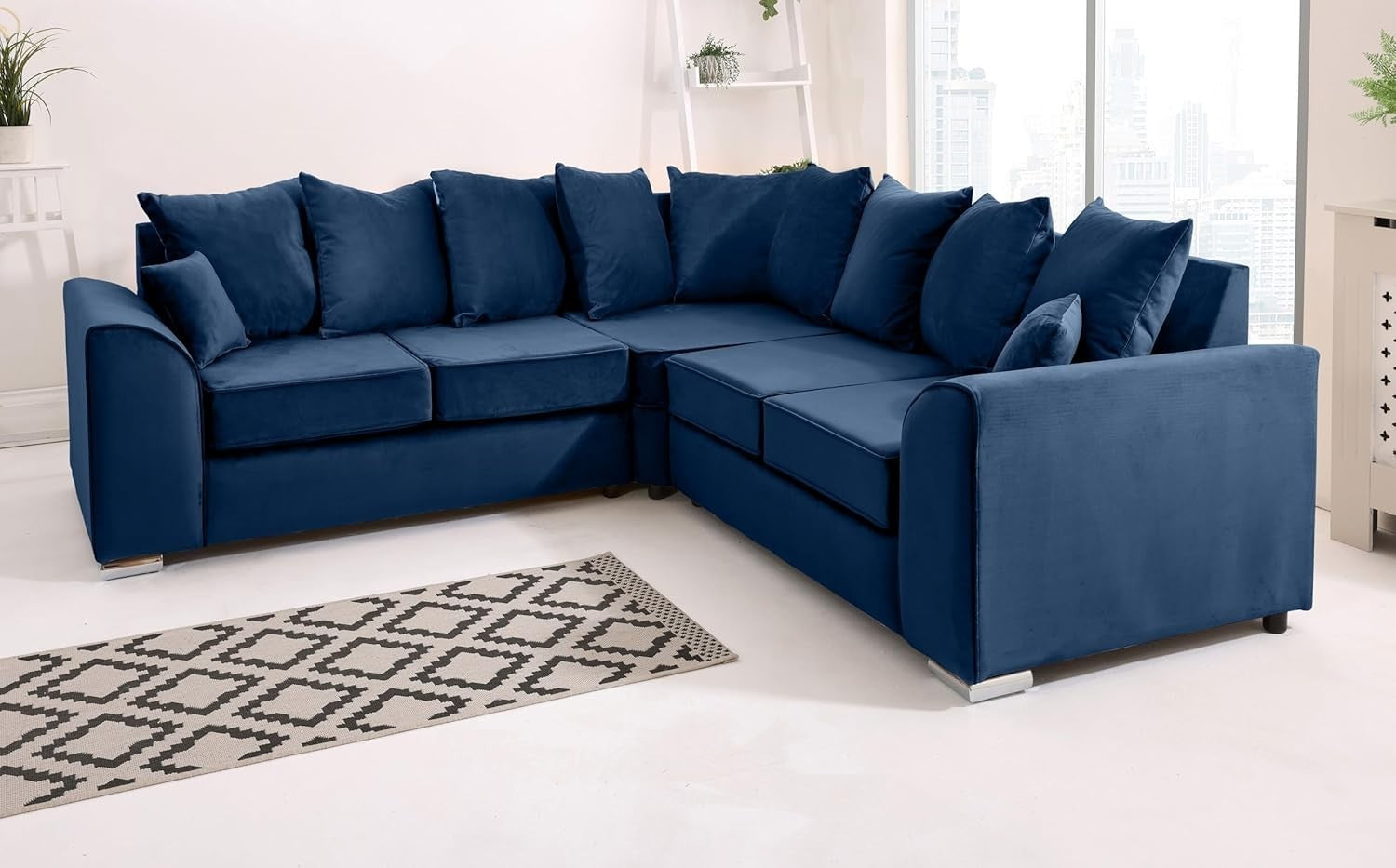 Blue Plush Velvet 5 Seater Corner Sofa – Scatterback Foam Cushions & Chrome Feet