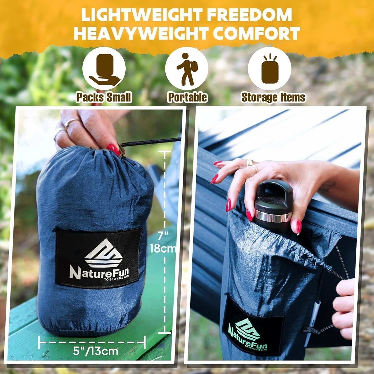 Ultra-Light Travel Camping Hammock, 300kg Load, Quick-Dry Nylon, 2 Carabiners