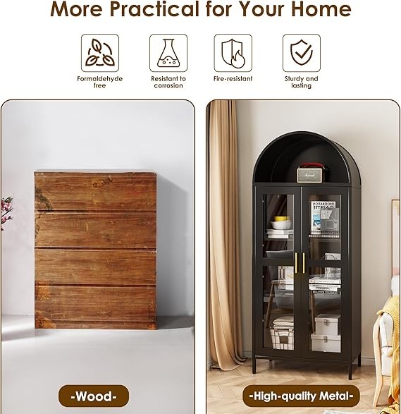 Tall White Arched Pantry Cabinet – 4-Door Glass & Metal Storage Unit 185cm