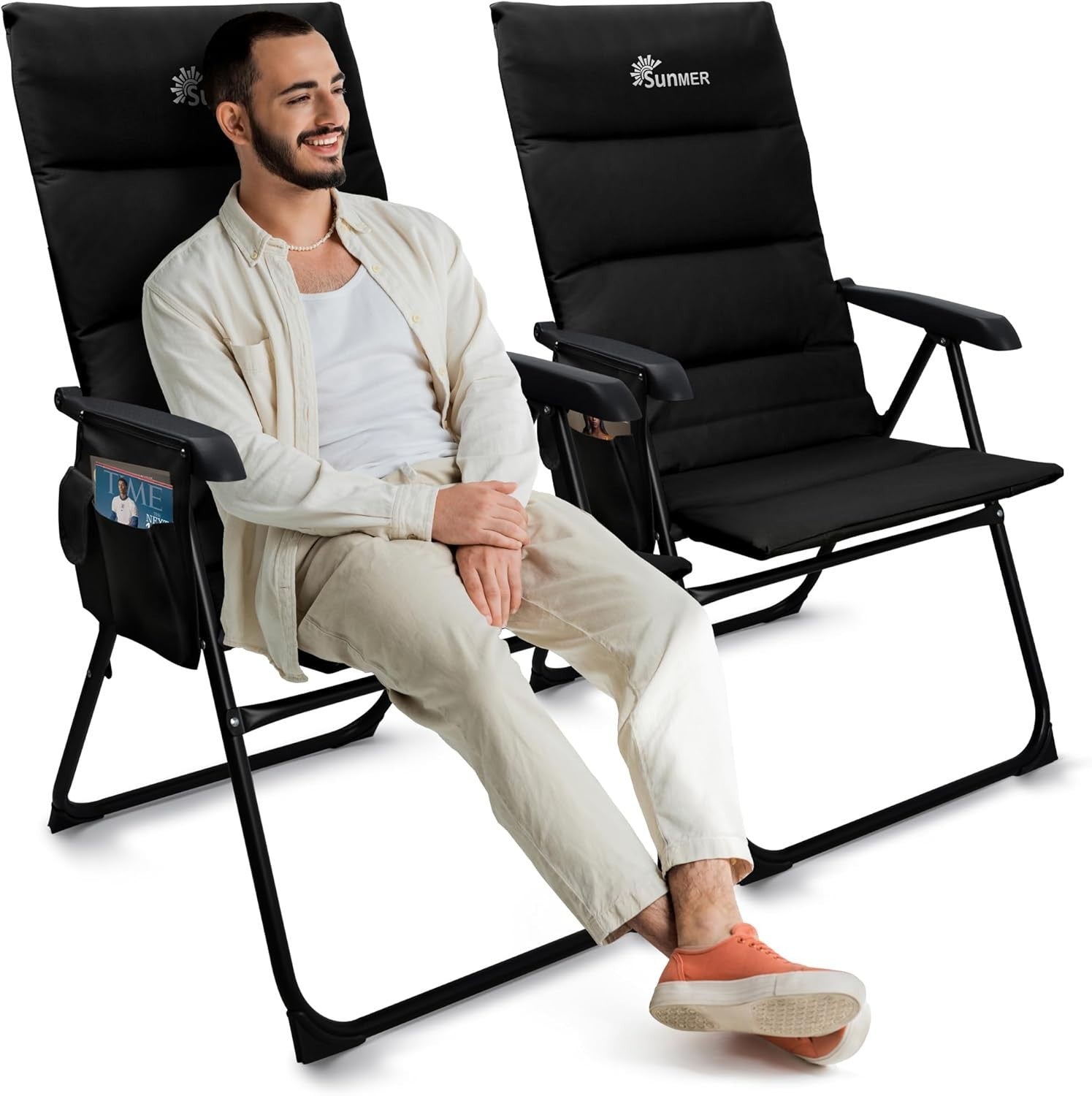 Luxury Padded Folding Recliner Chairs Set of 2 Outdoor Garden Camping Deck