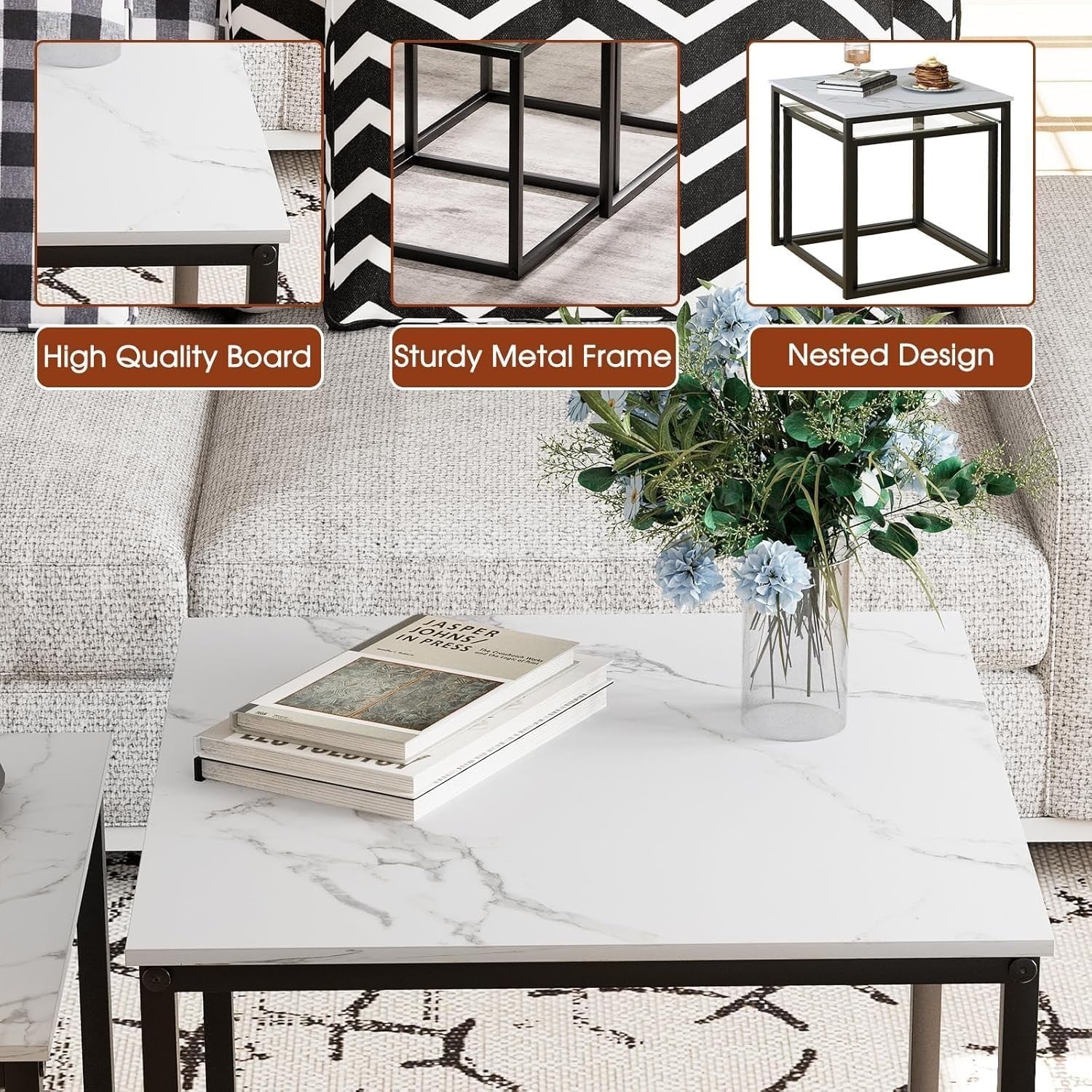 Black Nesting Coffee Table Set Modern Square Side End Tables Metal Frame