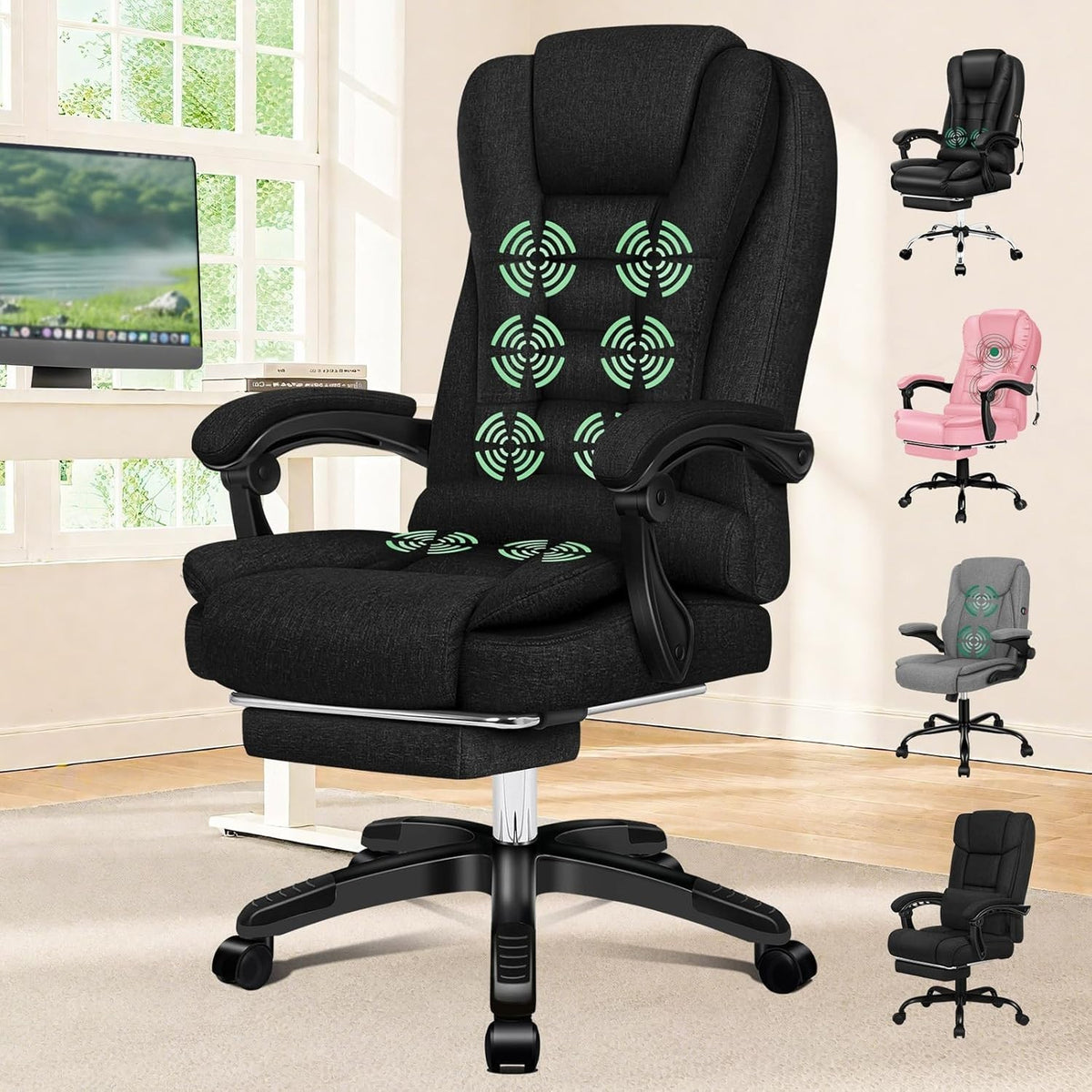 Office Chair Executive Ergonomic Heated Massage Recliner Swivel Black Linen