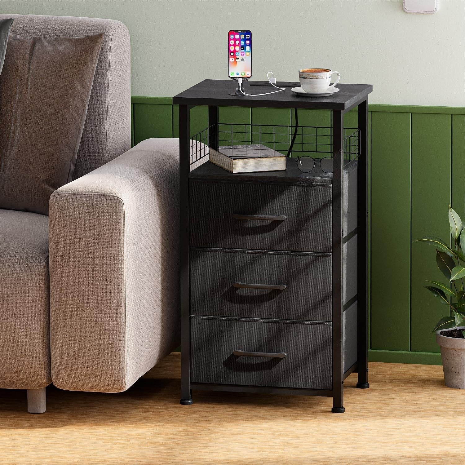 Set of 2 Black LED Bedside Tables with 3 Drawers, USB Ports & Power Outlets